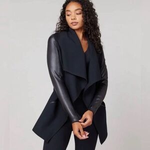 Spanx Women's Black Drape Front Jacket with Faux leather sleeves